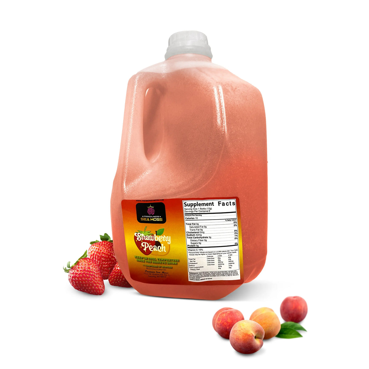 64oz jug of pink Strawberry Peach sea moss gel with nutrition label, fresh strawberries, and peaches on white background.