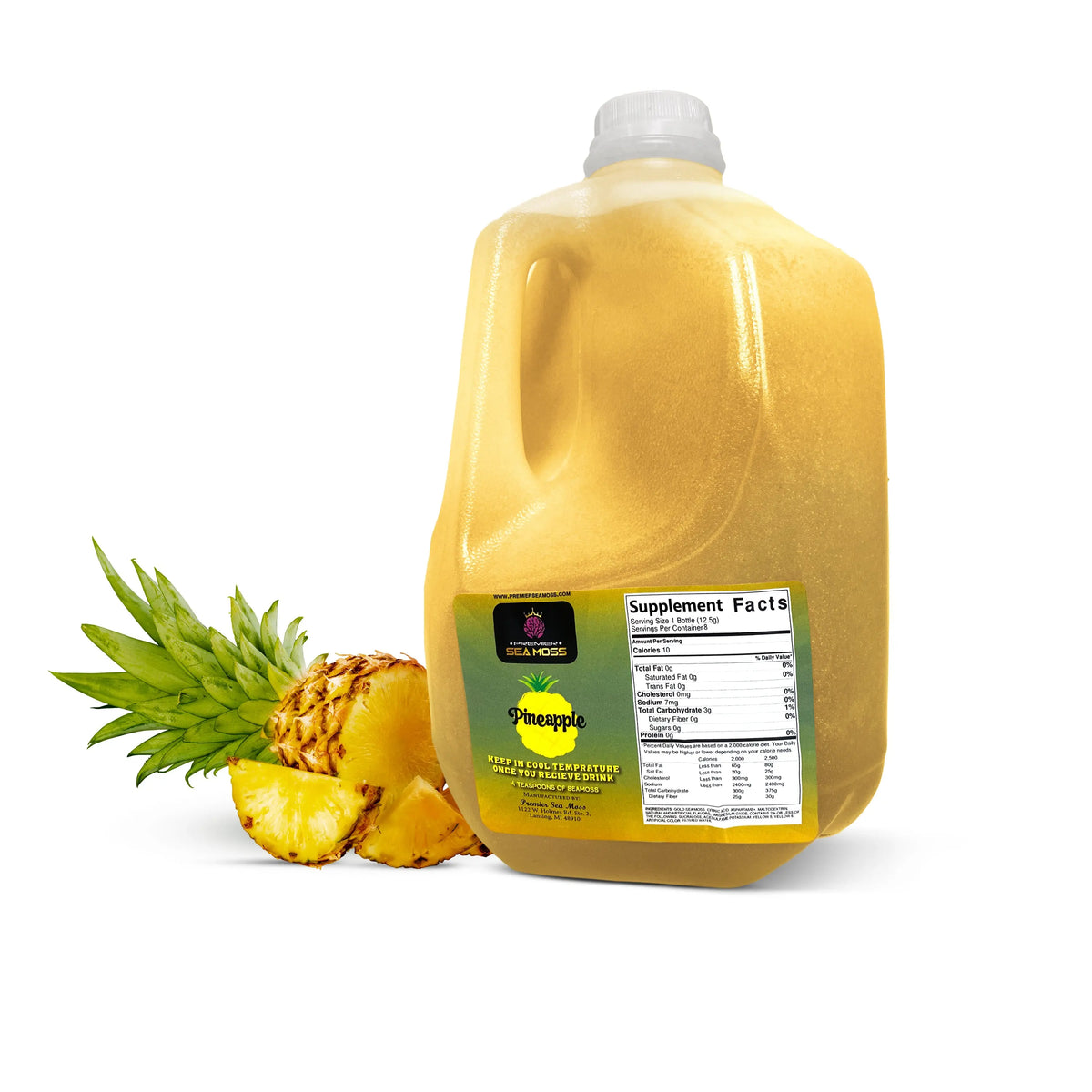64oz gallon jug of yellow pineapple-flavored sea moss gel with a supplement facts label and fresh pineapple slices.