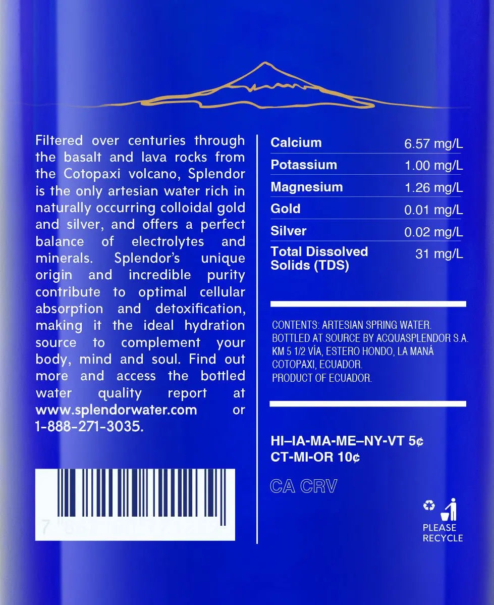 Blue product label with a gold volcano outline, text details, a nutrition table, and a barcode.