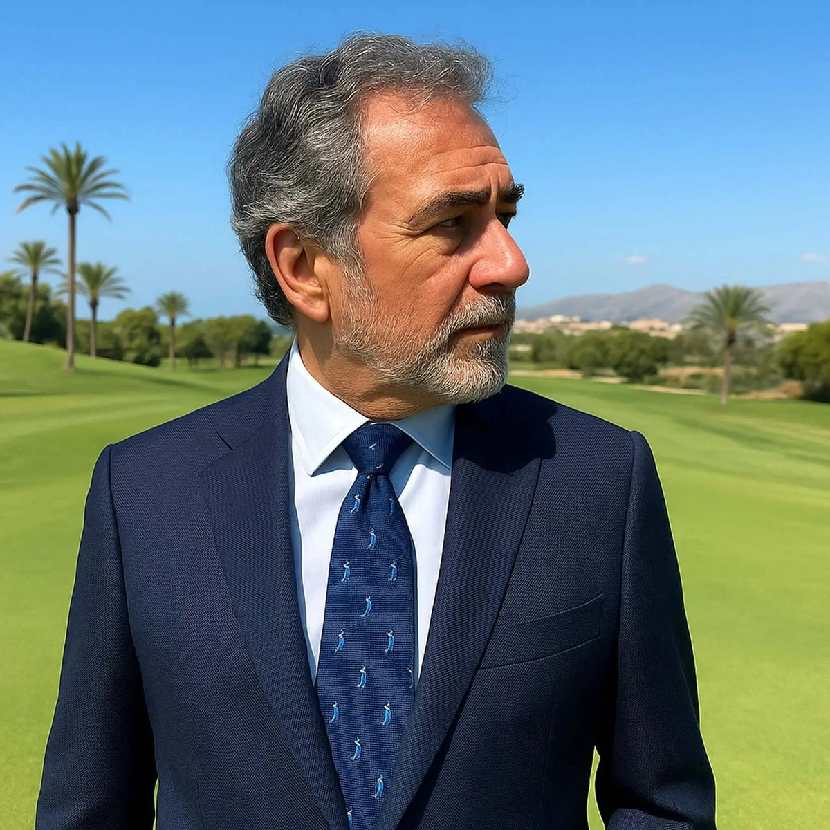 Hombre con traje y corbata azul marino con estampado de golfistas en campo de golf con palmeras de fondo.