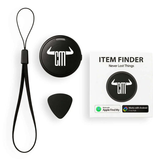 Mini localizador GPS negro con logo ChuchesMoto, cordón, accesorio triangular y caja con compatibilidad Apple y Android.