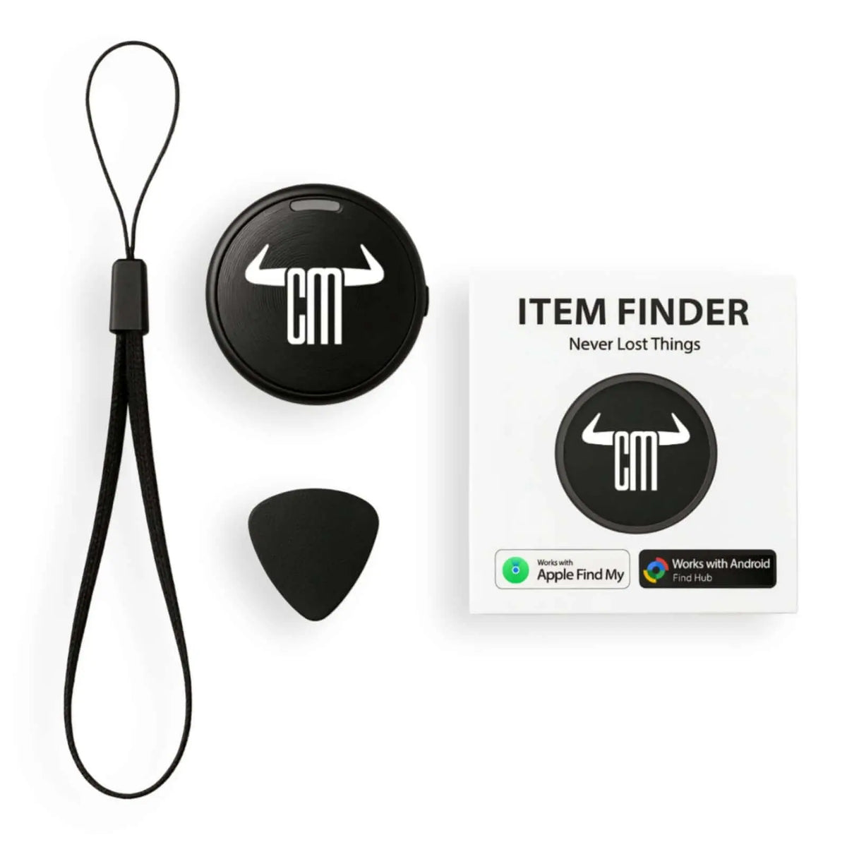 Mini localizador GPS negro con logo ChuchesMoto, cordón, accesorio triangular y caja con compatibilidad Apple y Android.
