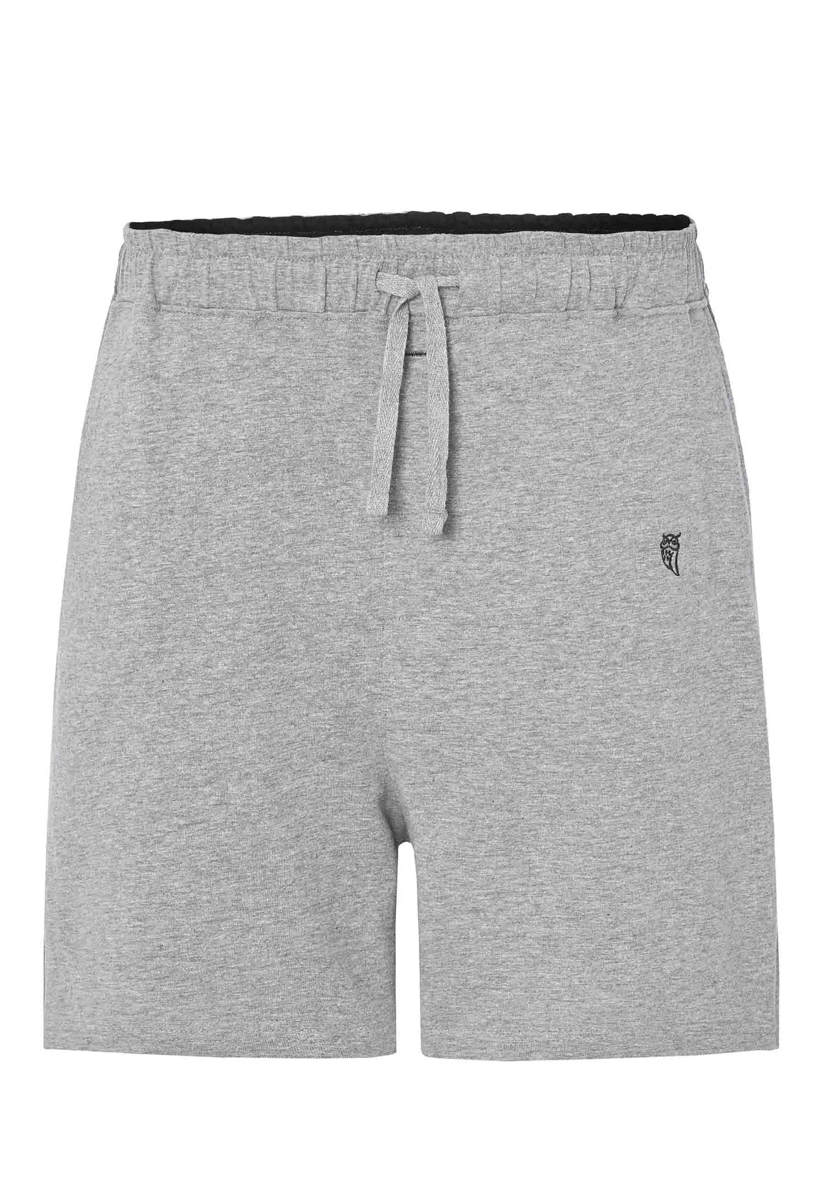 Pantalón corto de pijama para hombre en punto gris, estilo liso con cintura elástica ajustable y corte cómodo.