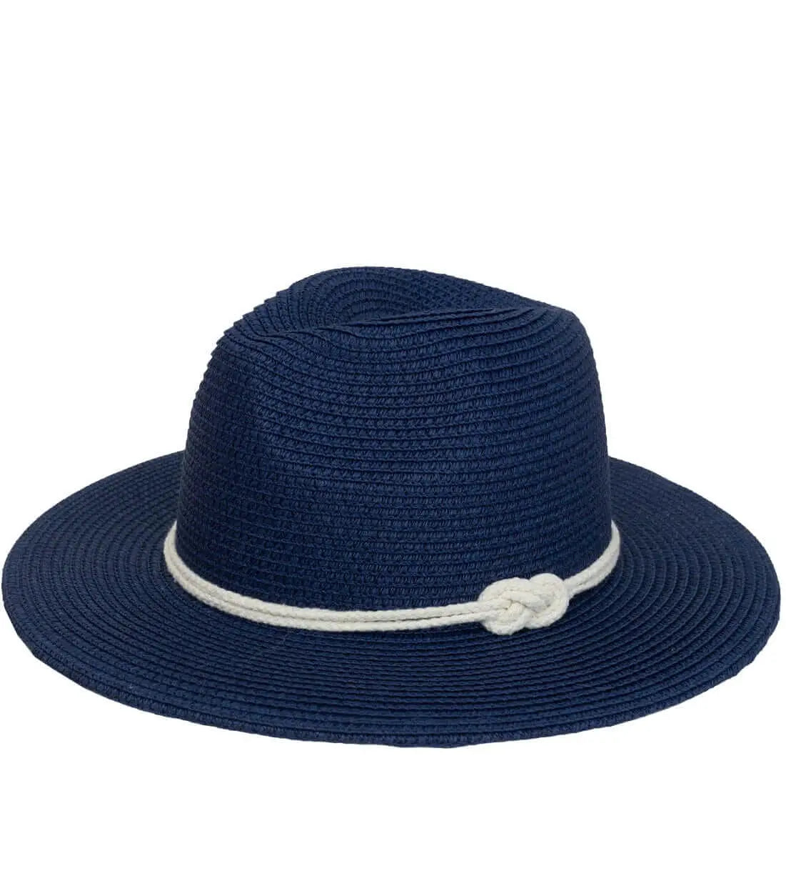 Navy blue straw Panama hat with a wide brim and a white rope trim featuring a decorative side knot.