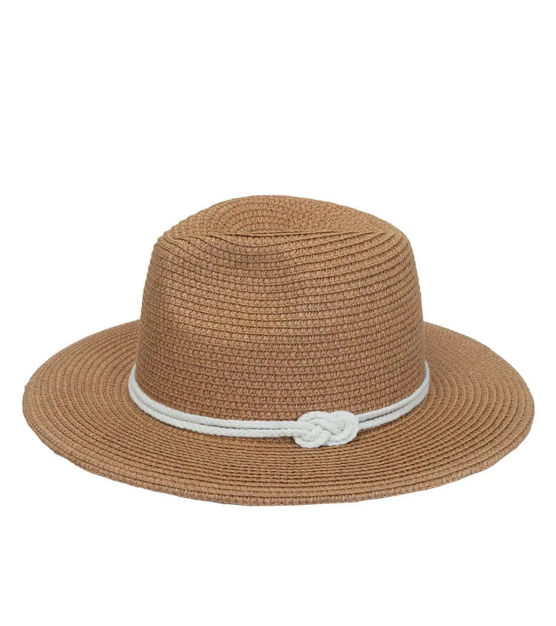 Tan straw Panama hat with a flat brim and white twisted rope band featuring a decorative knot at the front.
