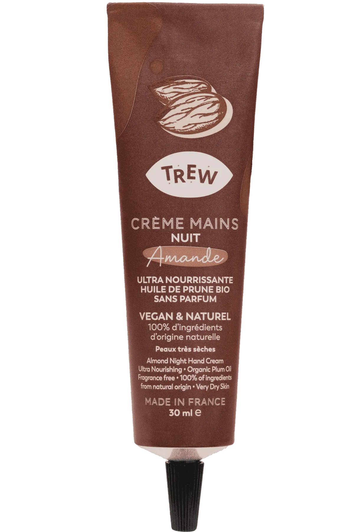 A brown squeeze tube of almond night hand cream by Trew, featuring text details on an almond-shaped label.