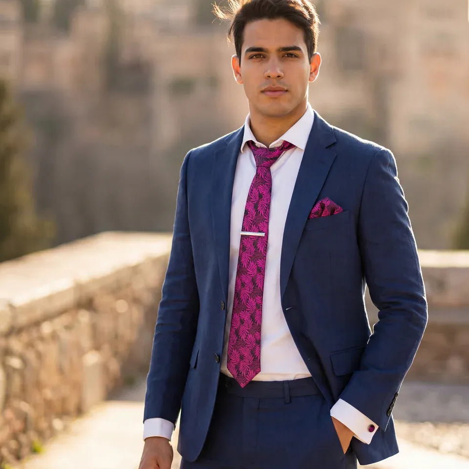 Helecho rosado · conjunto de corbata floral magenta con pañuelo, gemelos y pasador