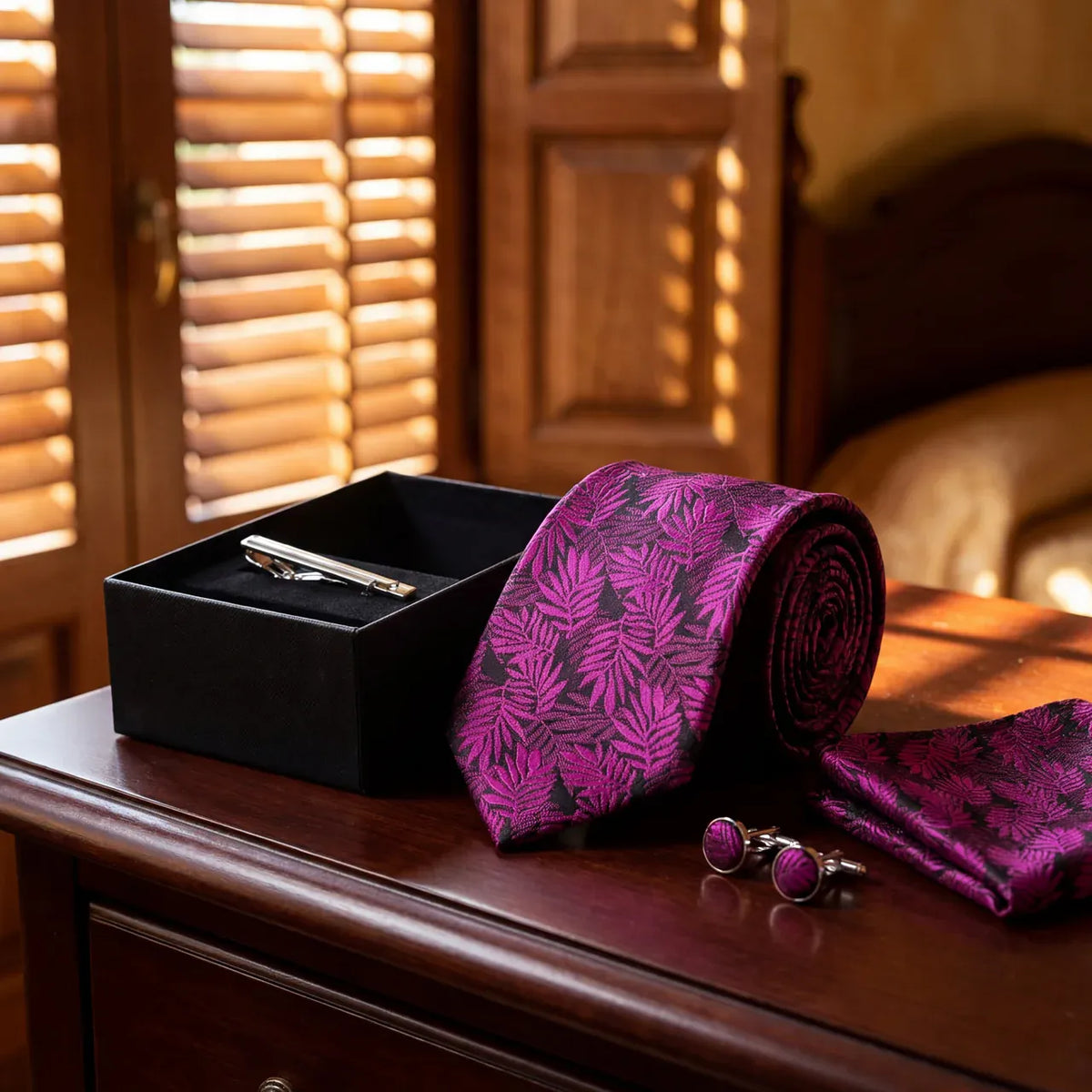 Helecho rosado · conjunto de corbata floral magenta con pañuelo, gemelos y pasador