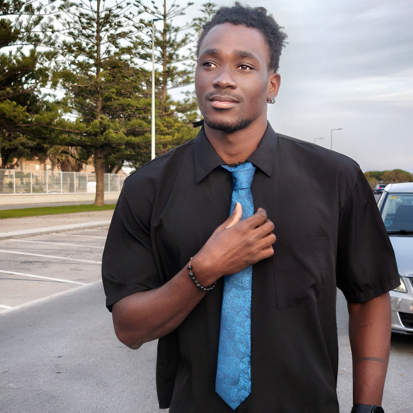 Hojas azules · conjunto de corbata natural con pañuelo, gemelos y pasador