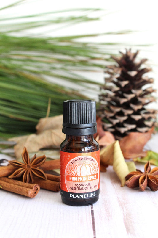 Plantlife Pumpkin Spice essential oil bottle with cinnamon sticks, star anise, pine needles, and a pinecone backdrop.