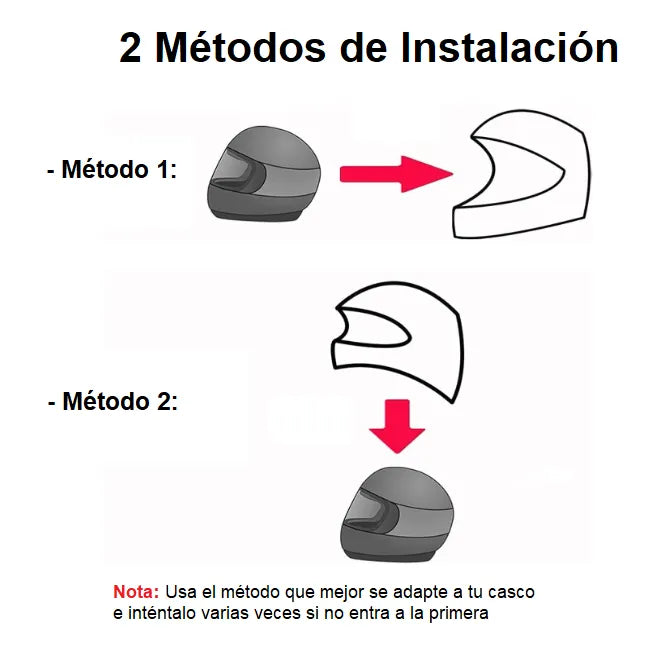Installation guide for helmet accessories, featuring two methods illustrated in clear black and red graphics.