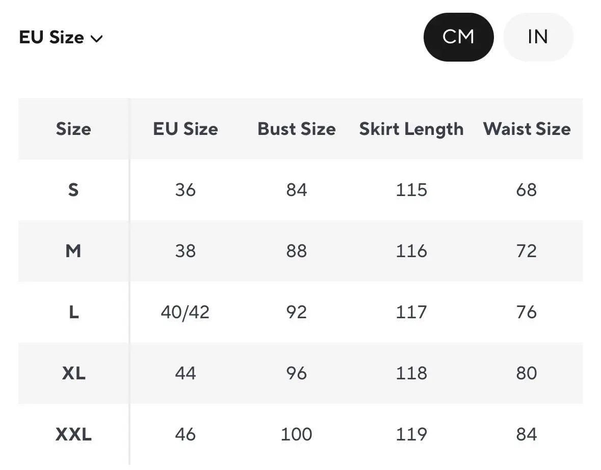 Size chart for women's skirts, featuring EU sizes, bust, skirt length, and waist measurements in a clear layout.