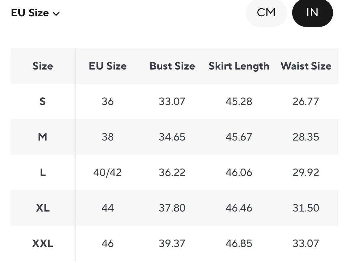Size chart for women's skirts: EU sizes S to XXL with bust, skirt length, and waist size measurements.