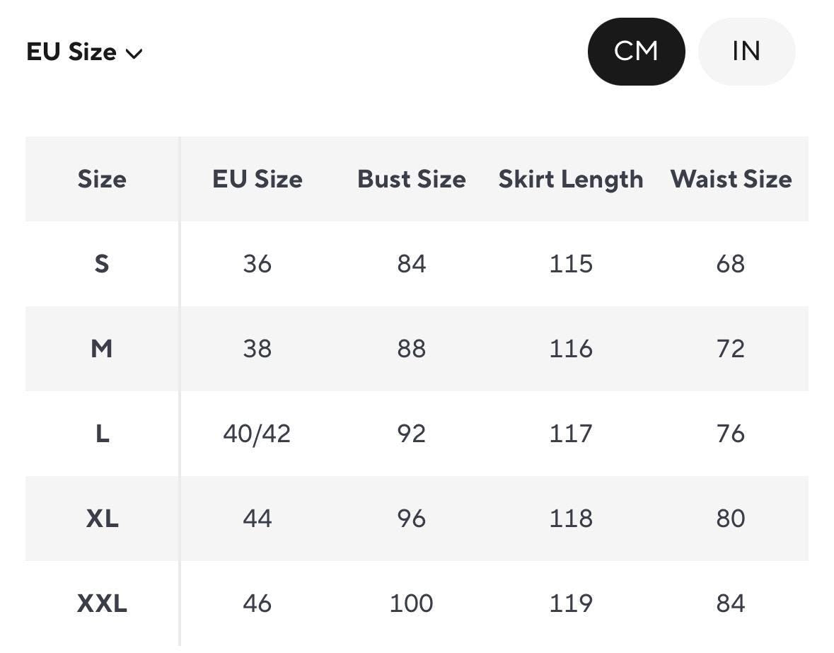 Size chart for women's clothing, detailing EU sizes S to XXL with bust, skirt length, and waist measurements.
