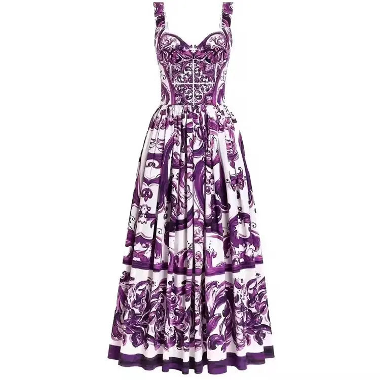 Purple floral dress with a sweetheart neckline and flared skirt, featuring a luxurious satin finish. Perfect for events.