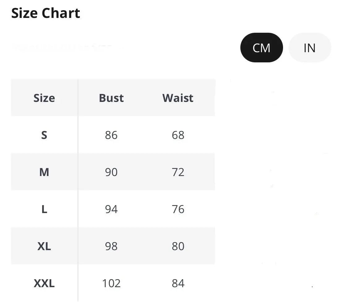 Size chart table displaying measurements for sizes S to XXL, with columns for Bust and Waist in centimeters.