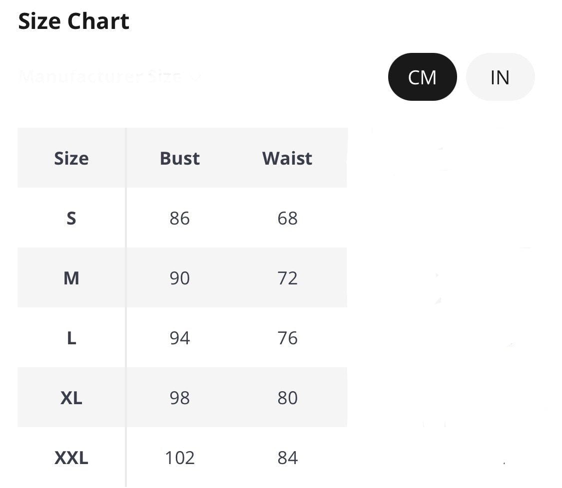 Size chart table listing S through XXL sizes with corresponding bust and waist measurements in centimeters.