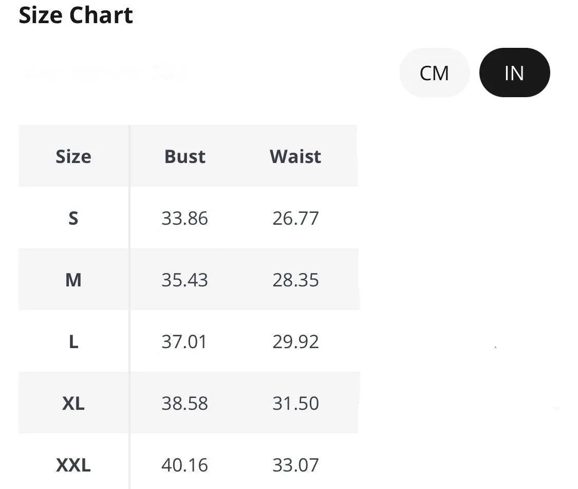 Size chart table displaying bust and waist measurements in inches for sizes small through XXL.