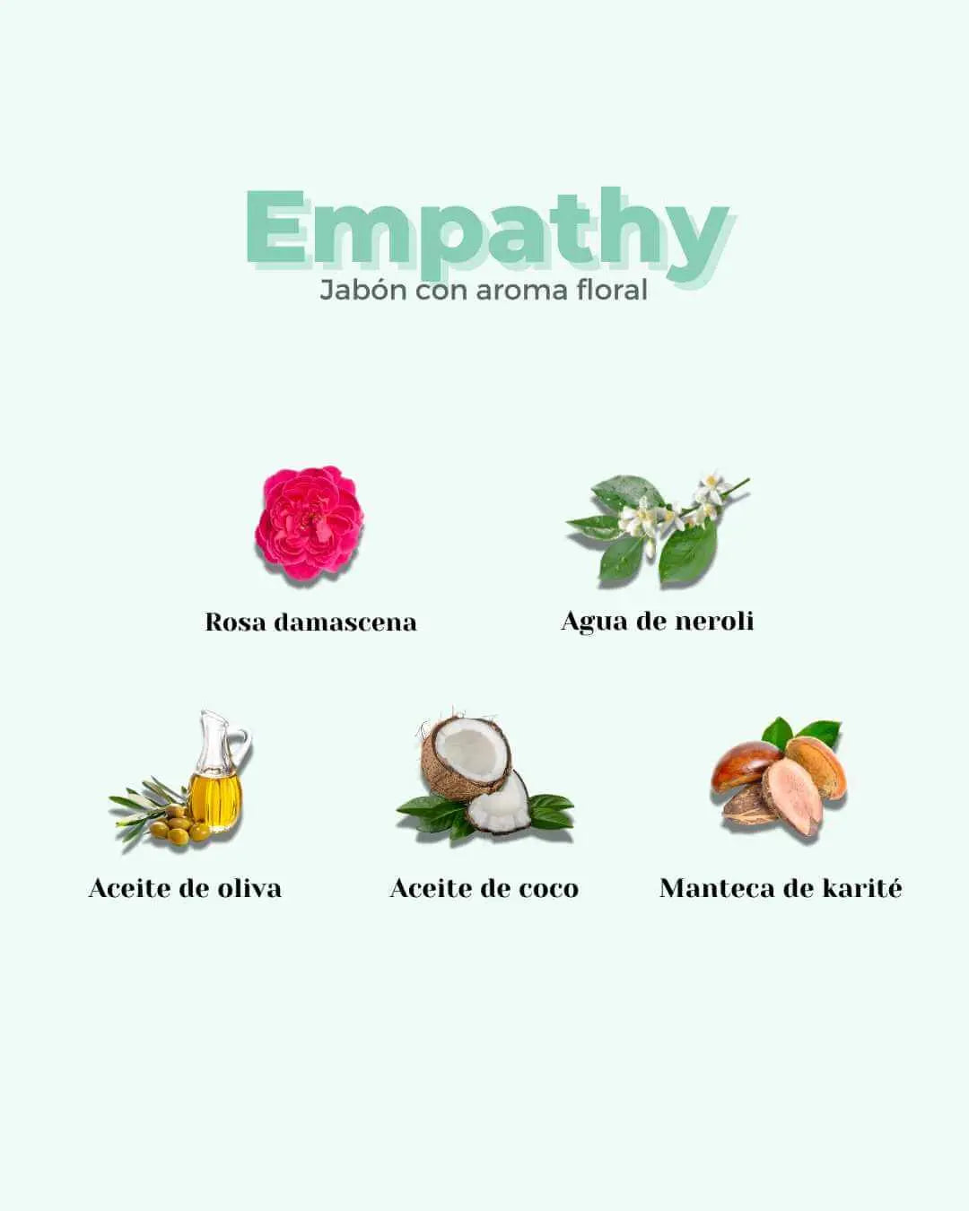 Imagen del jabón sólido Banbu Empathy. Muestra sus ingredientes naturales: rosa, neroli, oliva, coco y karité.