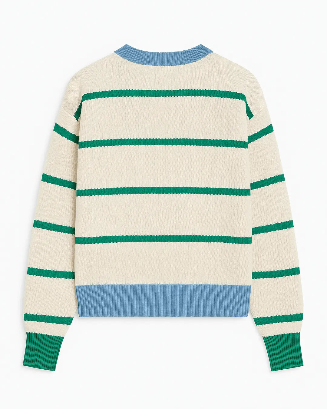 Suéter de punto beige con rayas verdes y azul. Estilo casual, materiales suaves y cómodos.