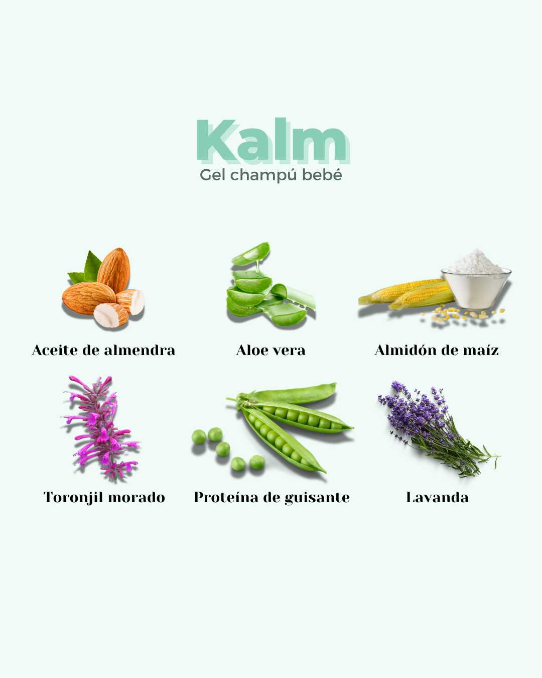 Ingredientes naturales del champú-gel para bebé Kalm de Banbu sobre fondo claro.