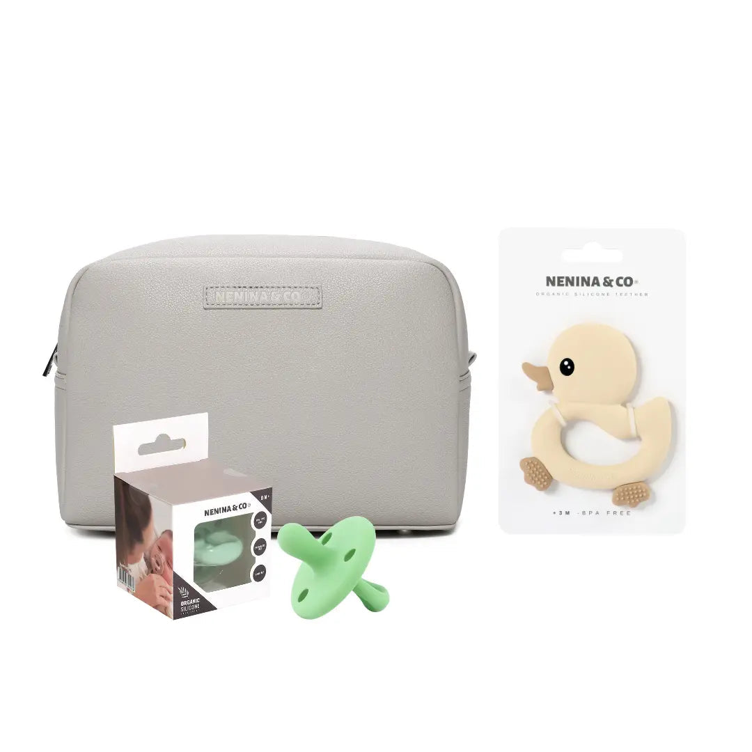 kit Esencial neceser Gris+ chupete clásico + mordedor Nenina & Co