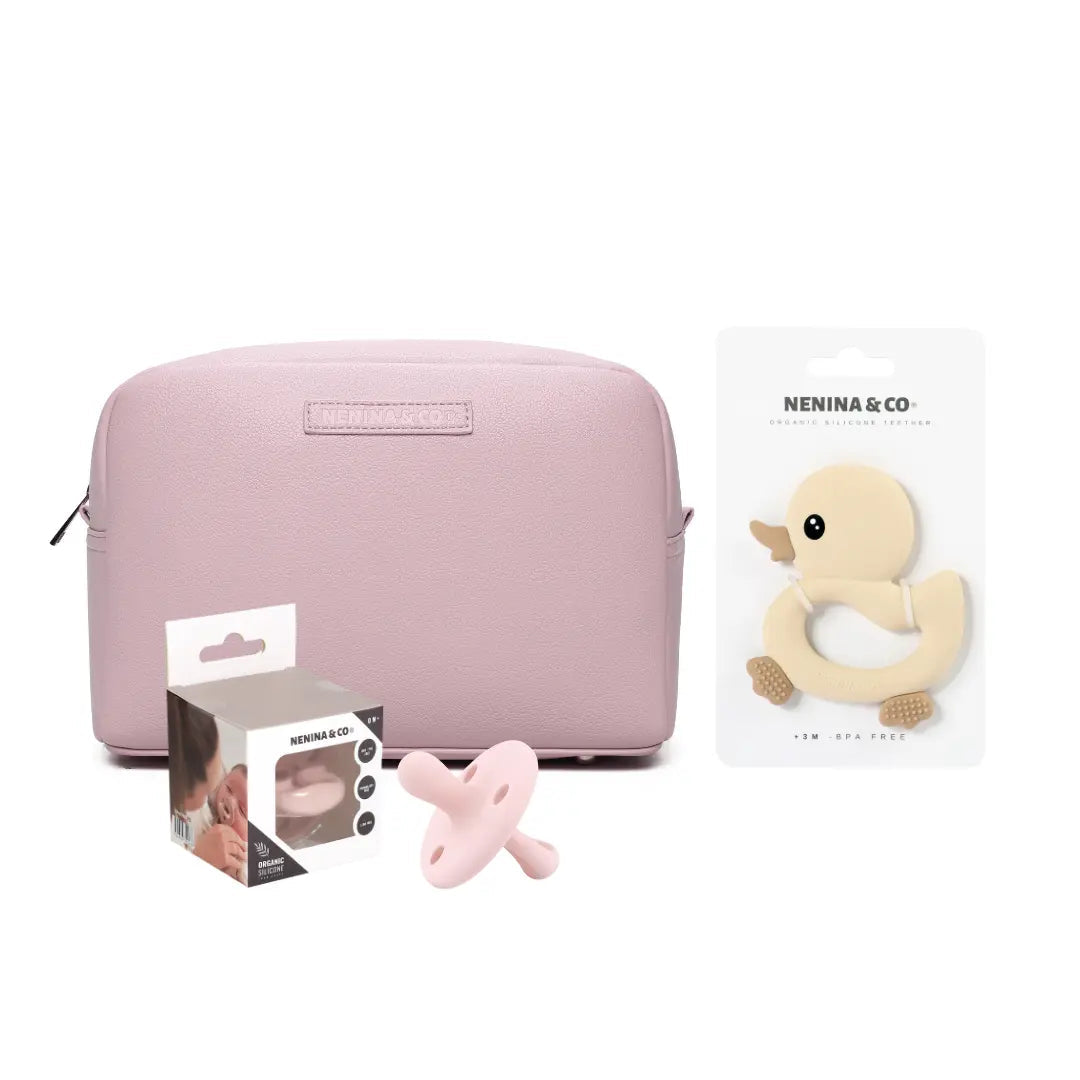 kit Esencial neceser Rosa + chupete clásico + mordedor Nenina & Co