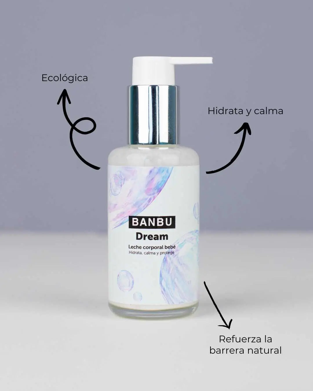 Envase de leche corporal Banbu Dream para bebé con dosificador, sobre fondo gris y etiquetas con beneficios.