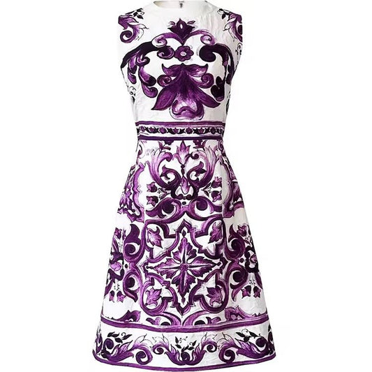 White sleeveless dress with purple floral and ornate patterns, perfect for summer occasions.