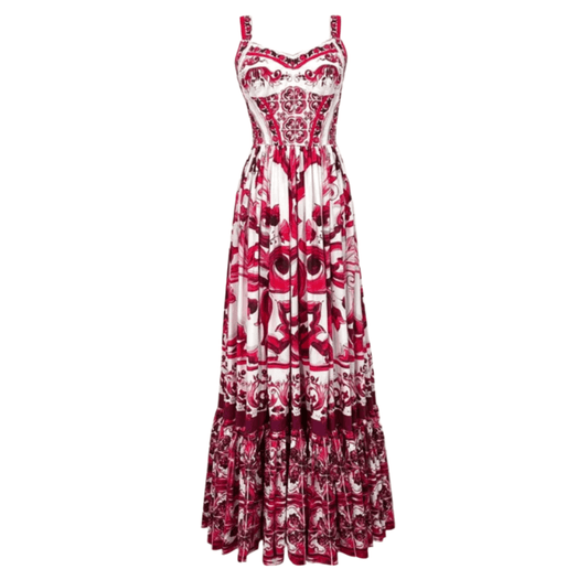 Red and white floral maxi dress with delicate straps and ruffled hem, made from lightweight, breathable fabric.