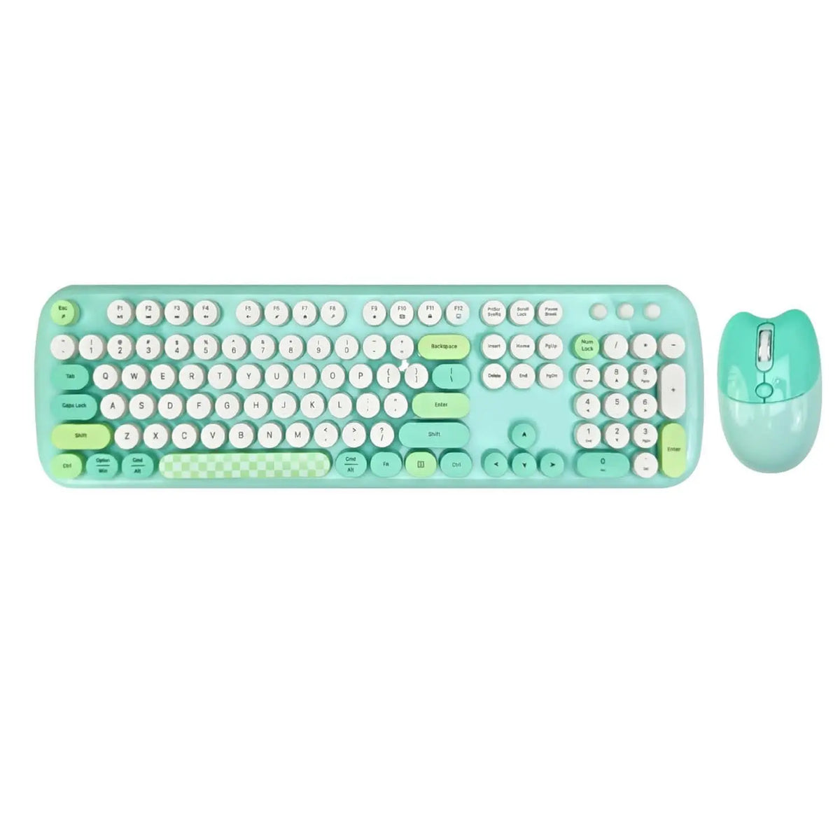 Mint green and white wireless keyboard with 104 rounded, typewriter-style keys and a matching glossy mint green mouse.