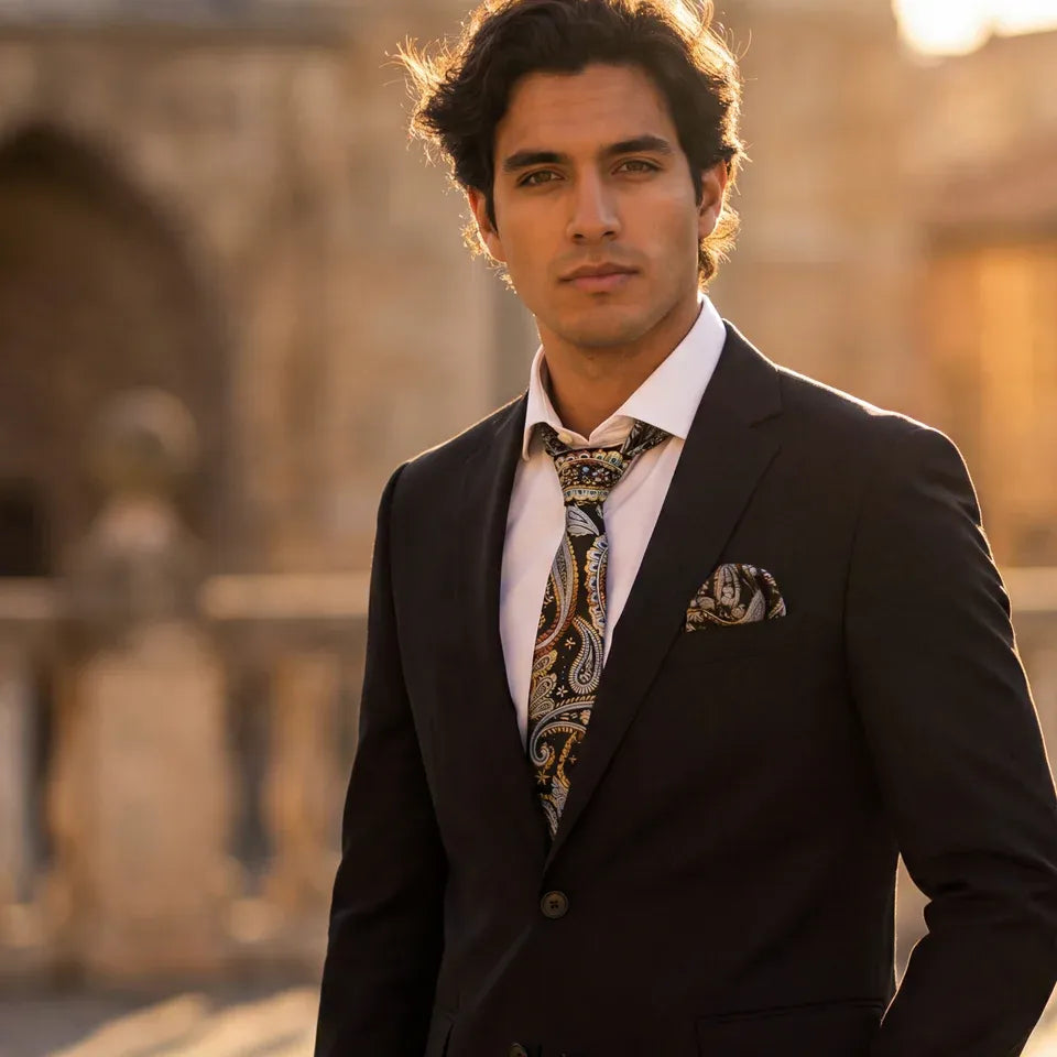 Marseille · conjunto de corbata con estampado paisley azul y dorado con pañuelo, gemelos y pasador