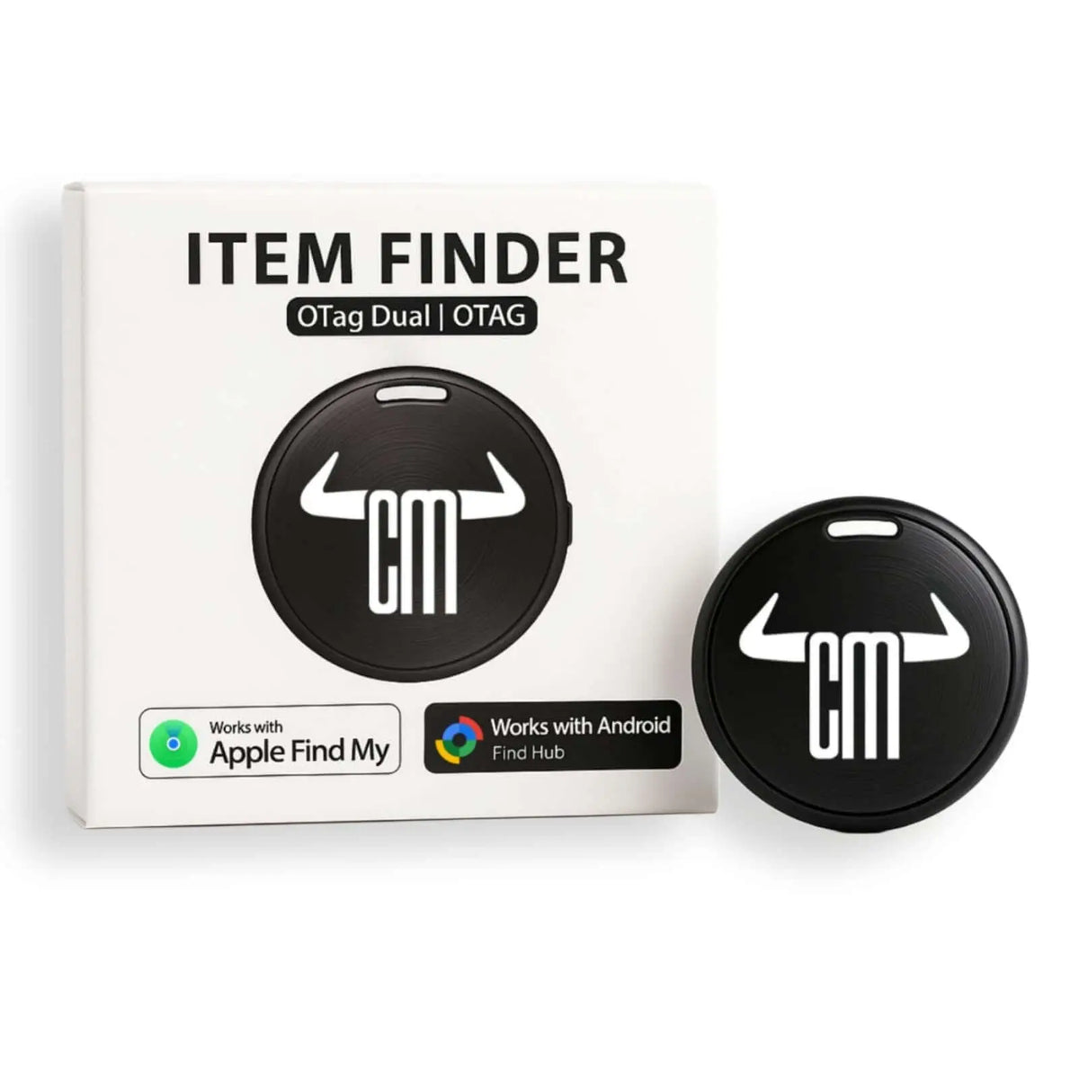 Mini rastreador GPS negro circular con logo de ChuchesMoto junto a su caja blanca compatible con Apple y Android.