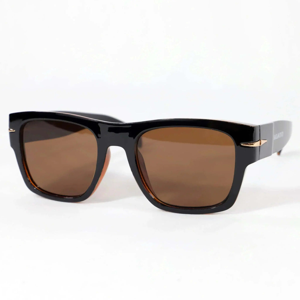 Gafas de sol retro de montura negra brillante y acabado premium con lentes color marrón y detalles dorados en varillas.