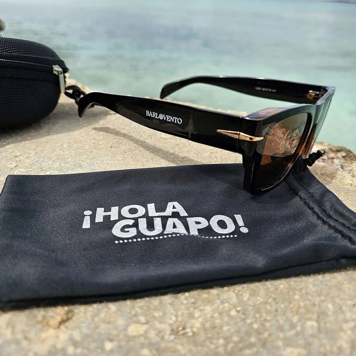 Gafas de sol negras retro con montura de acetato brillante y lentes marrones sobre una funda negra junto al mar.