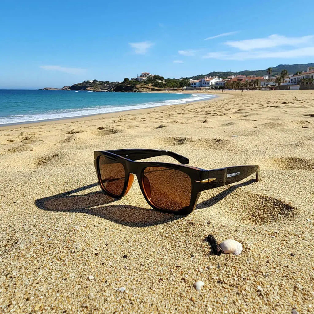 Gafas de sol negras retro con lentes marrones, montura premium, apoyadas en la arena de una playa soleada.
