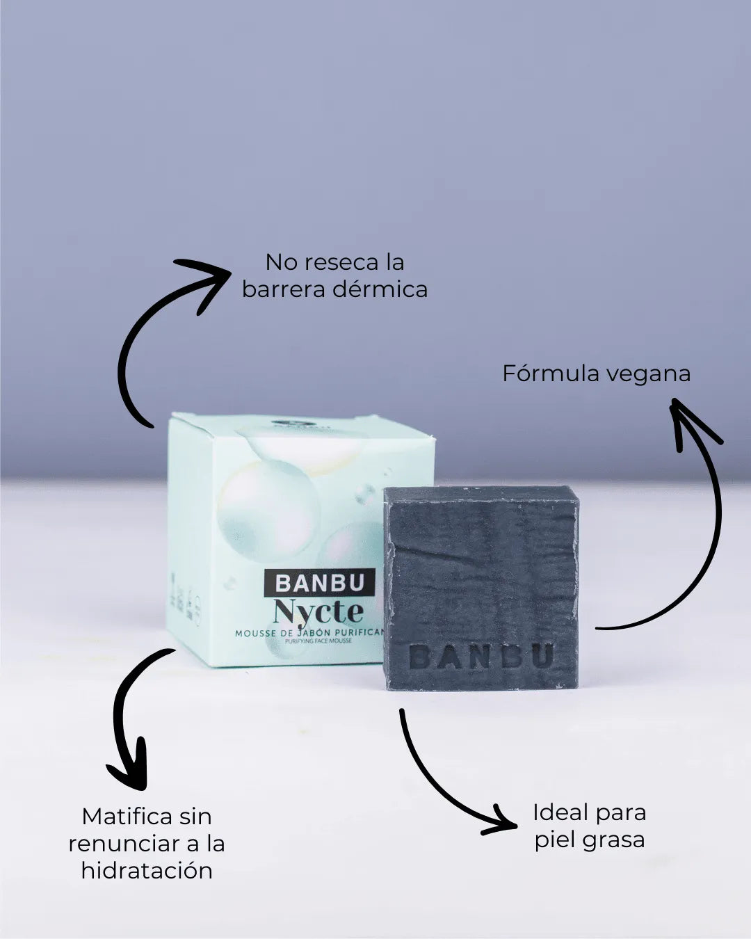Mousse facial sólida Banbu Nycte color gris oscuro frente a su caja verde claro con flechas explicativas.