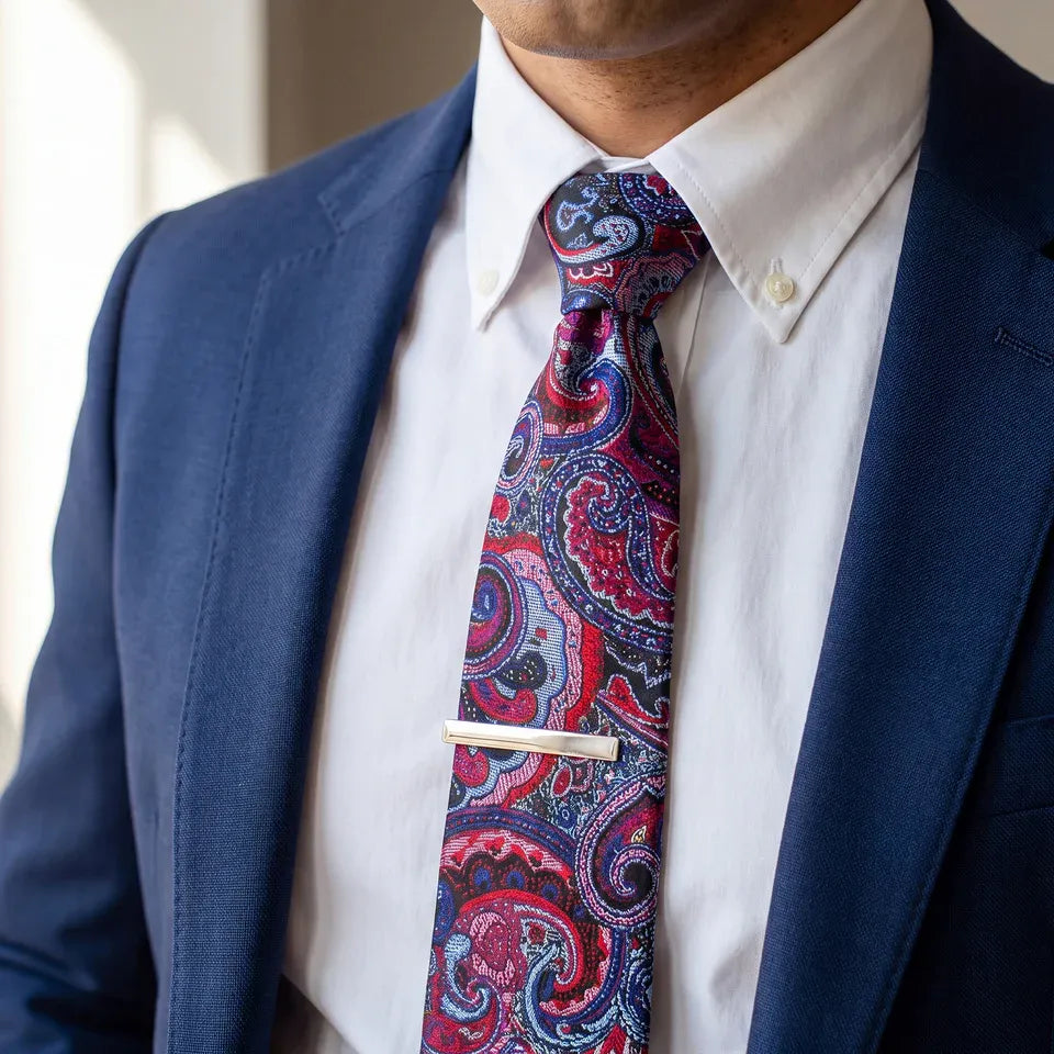 Narbonne · conjunto de corbata con estampado paisley azul y morado con pañuelo, gemelos y pasador