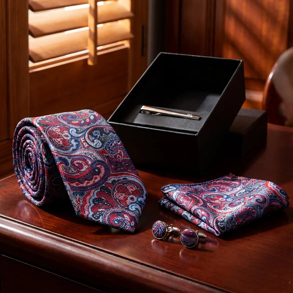 Narbonne · conjunto de corbata con estampado paisley azul y morado con pañuelo, gemelos y pasador