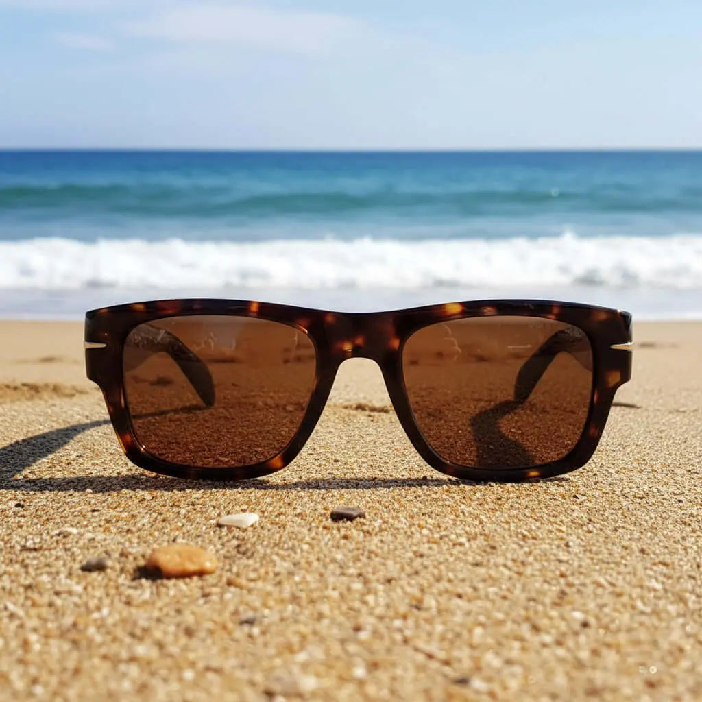 Gafas de sol retro con montura carey y cristales marrones sobre la arena de una playa frente al mar.