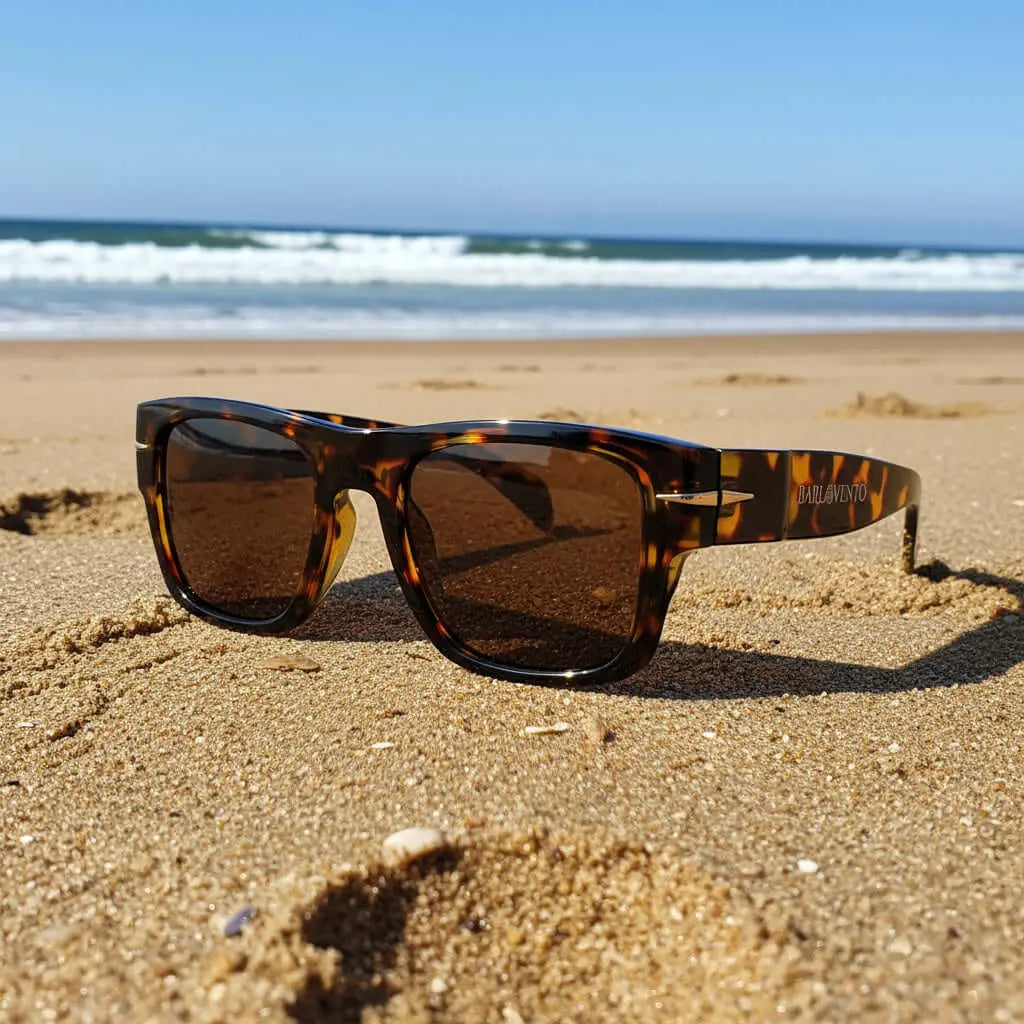Gafas de sol retro con montura de carey marrón y lentes oscuras sobre la arena de la playa.