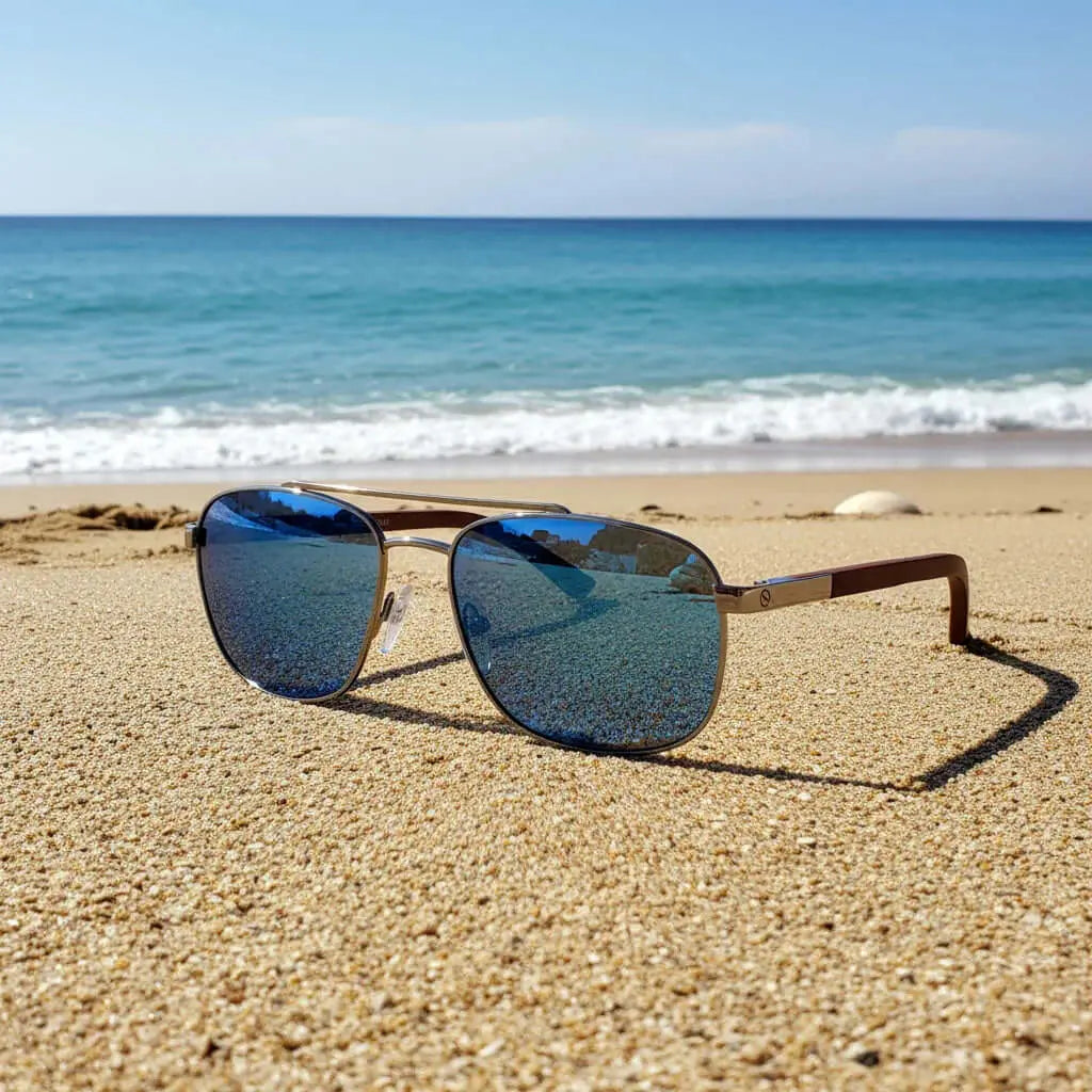 Gafas de sol de aviador con lentes azules espejadas y patillas de madera en la arena de una playa frente al mar.