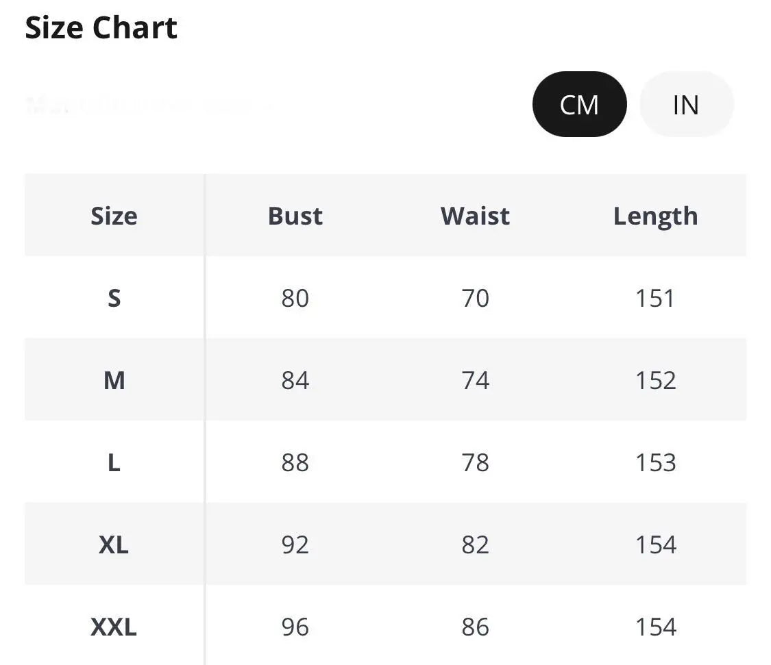 Size chart for women’s dresses in cm, featuring S to XXL with measurements for bust, waist, and length adjustments.