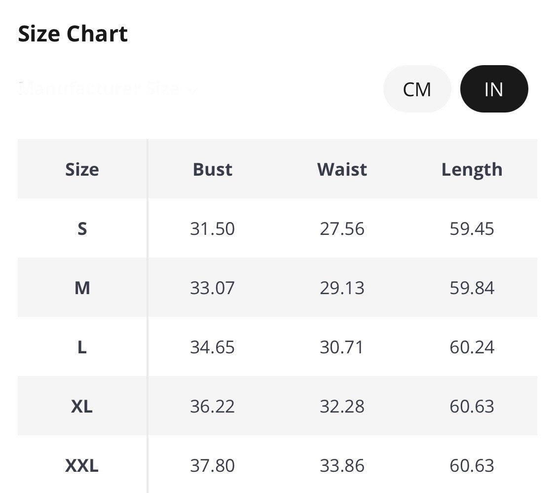 Size chart for women's clothing with bust, waist, and length measurements in cm and inches.