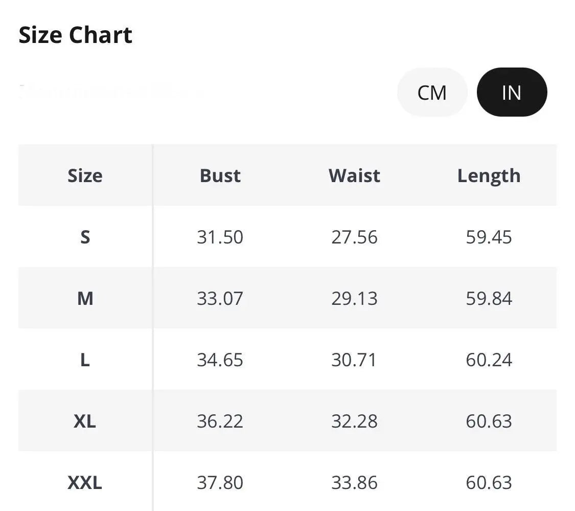 Size chart for women's clothing with bust, waist, and length measurements in cm and inches.