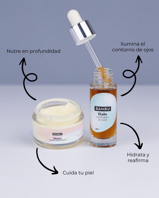 Pack rutina facial Banbu: crema hidratante y contorno de ojos con gotero en envases de vidrio sobre fondo gris.