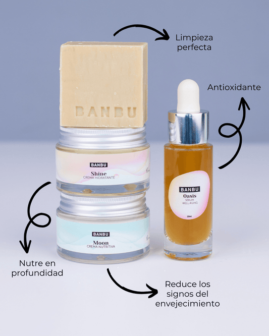 Pack facial ecológico Banbu: pastilla de jabón, dos cremas en tarro y un sérum en frasco de vidrio sobre fondo gris.