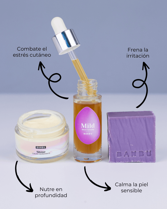 Pack de rutina facial Banbu con crema, sérum y pastilla de jabón lila, mostrando beneficios sobre fondo gris claro.