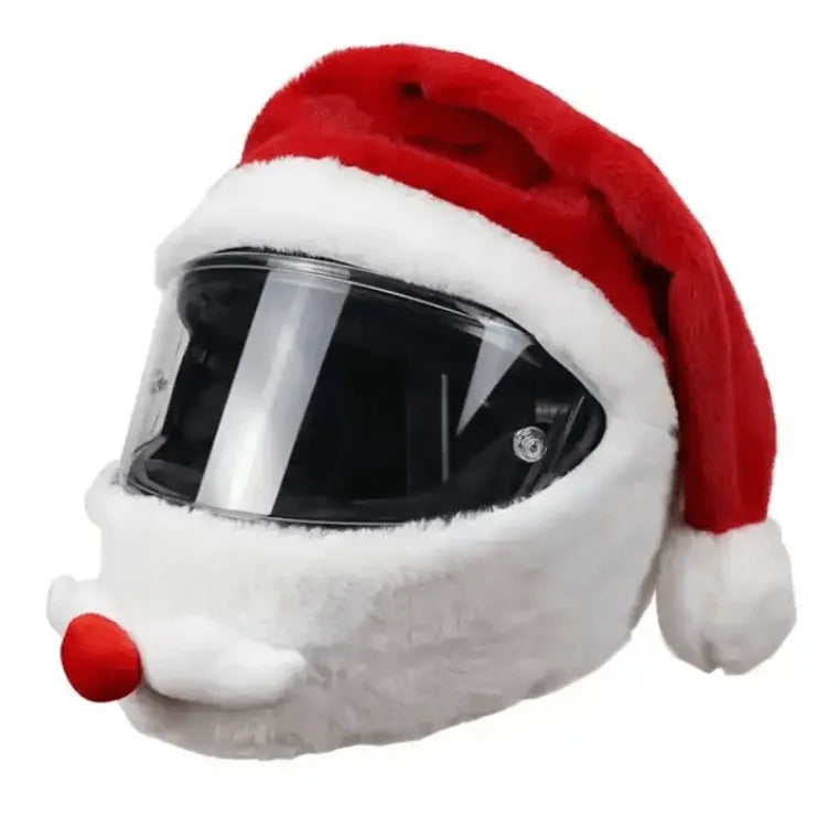 Funda de felpa para casco de moto estilo Papá Noel, roja y blanca, con detalles de gorro y barba, de ChuchesMoto.