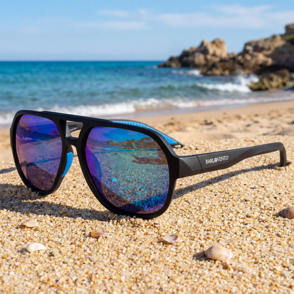 Papagayo · gafas de sol de goma negra con lentes de espejo azul UV400